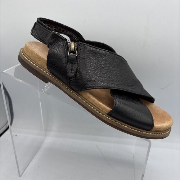 Clarks Artisan Corsio Calm Black Leather Cross Band Sandals US 7 Zip Hook Loop - Picture 1 of 11